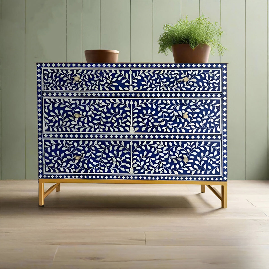 Bone Inlay Chest Of 3 Drawers , Floral Pattern in Indigo