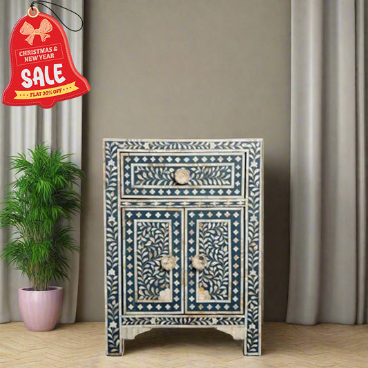 HANDMADE FLORAL PATTERN DARK BLUE MOTHER OF PEARL INLAY BEDSIDE TABLE