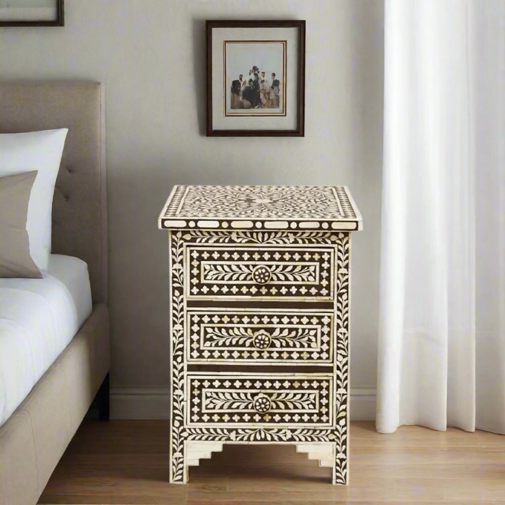 Floral Bone Inlay Bedside Table - Brown