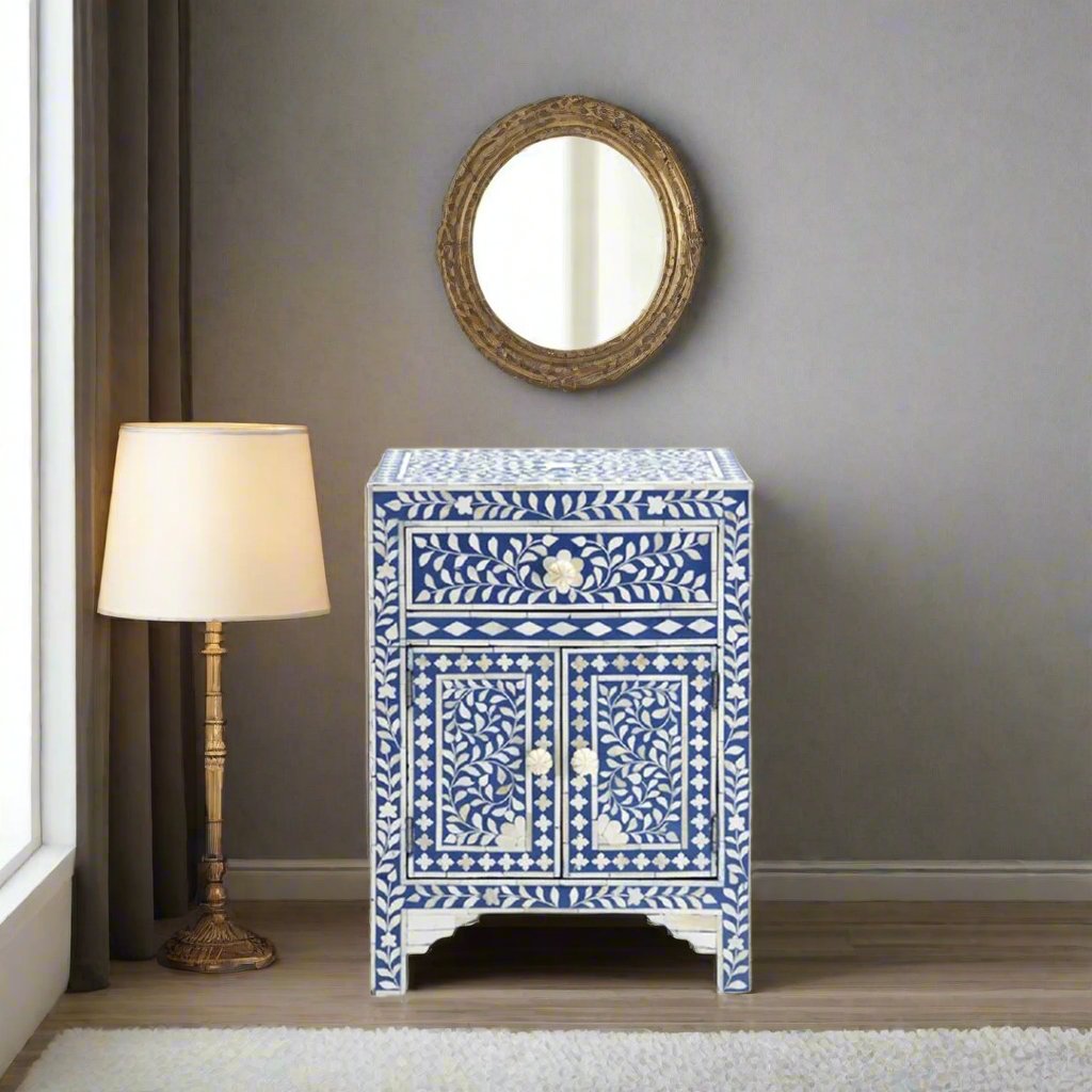 Bone Inlay Floral Bedside Table - Blue