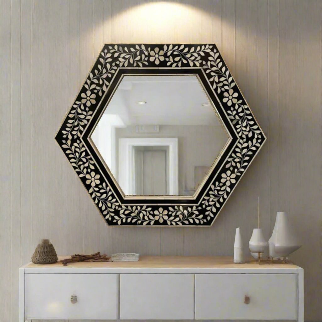 Handmade Customized Bone Inlay Hexagonal  Mirror Frame