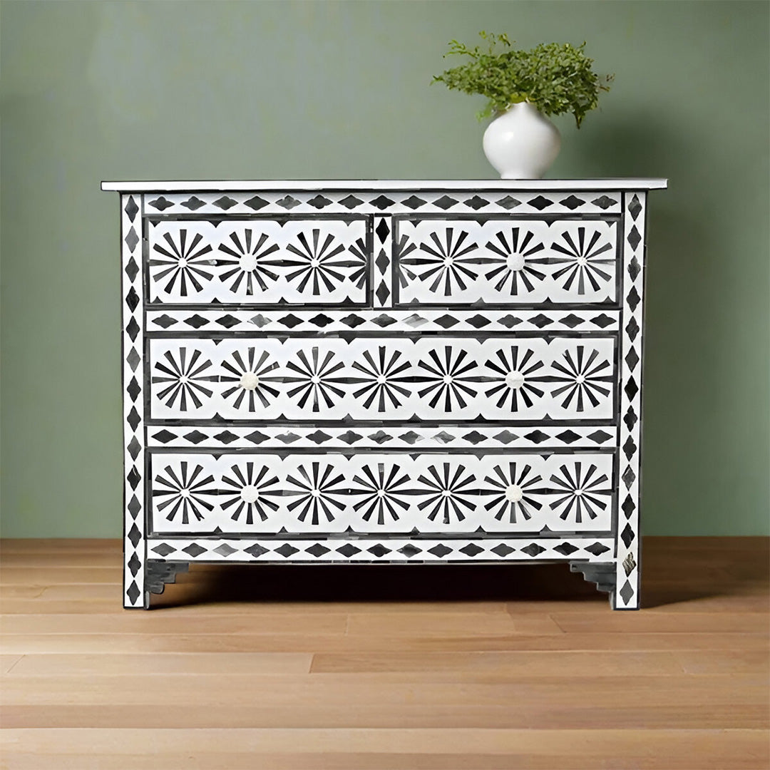 Bone Inlay Chest Of 4 Drawers , Star Eye Pattern In White