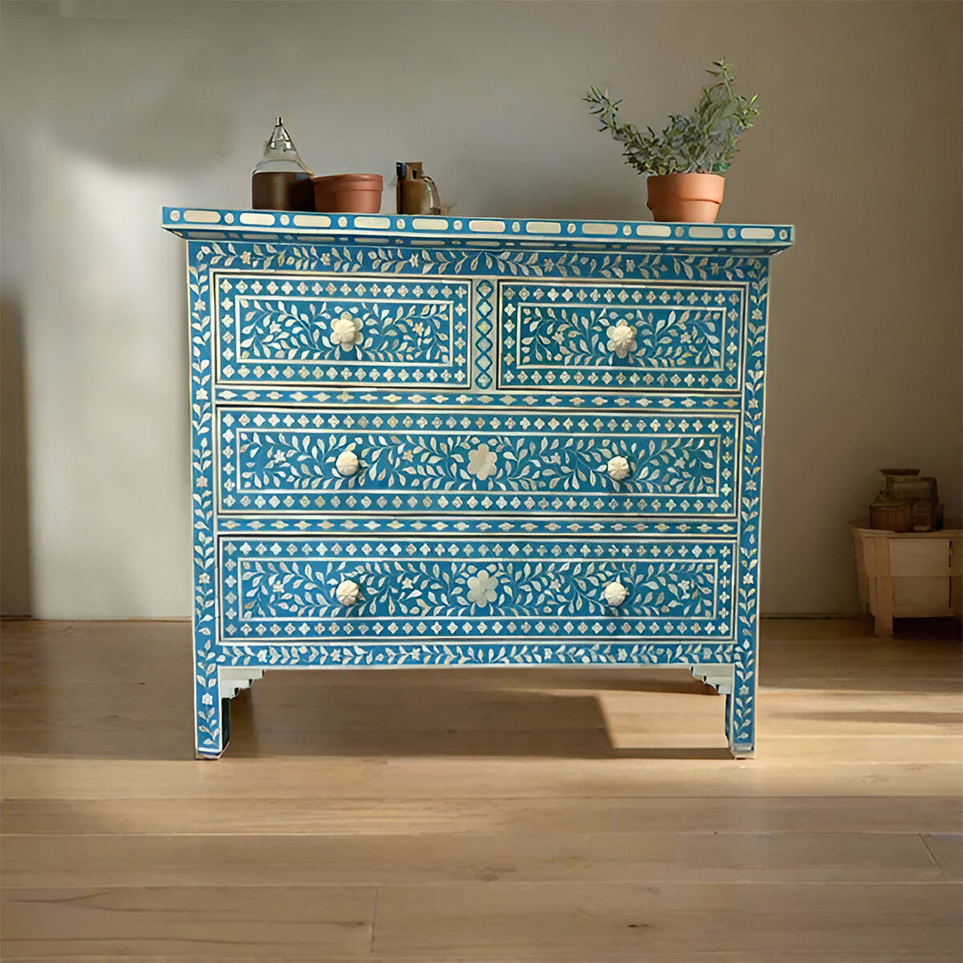 Bone Inlay Chest Of 4 Drawers , Floral Pattern In Indigo