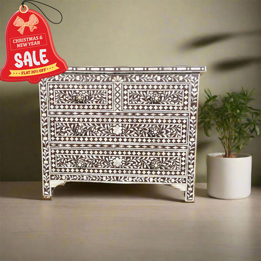 Bone Inlay Chest Of 4 Drawers , Floral Pattern In Brown