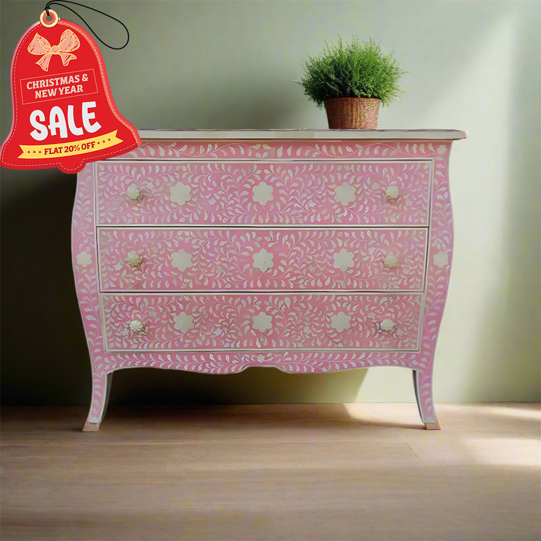 Bone Inlay Chest Of 3 Drawers, Floral Vintage Pattern In Pink