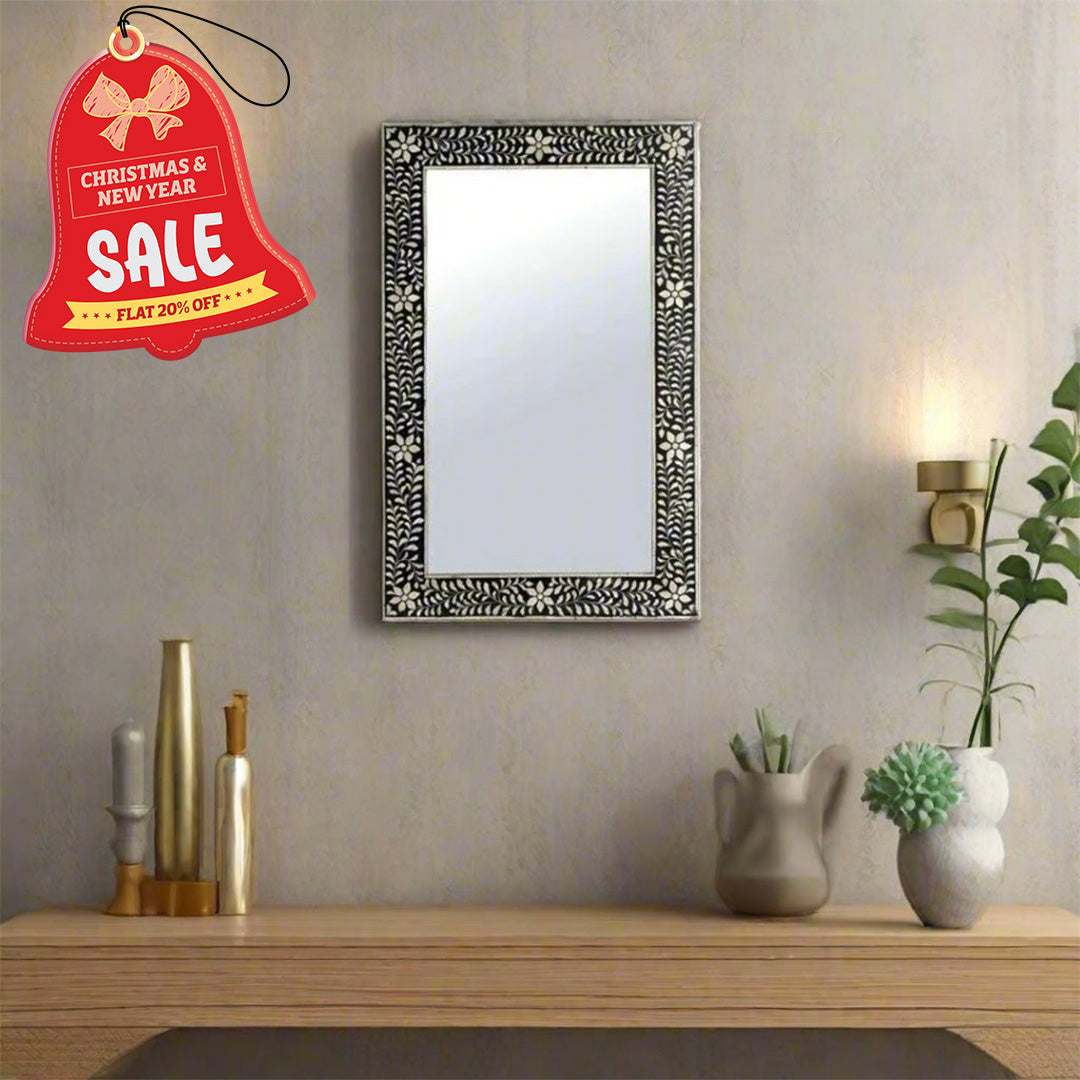 Handmade Bone Inlay Mirror Frame Floral Pettren Black color