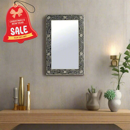 Handmade Bone Inlay Mirror Frame Floral Pettren Black color