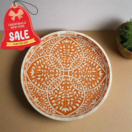 Handmade Customized Bone Inlay Round Serving Tray