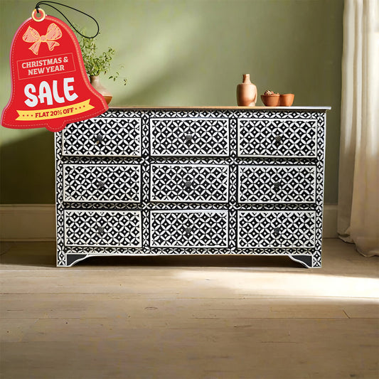 Bone Inlay Chest Of 9 Drawers Eye Pattern In Black