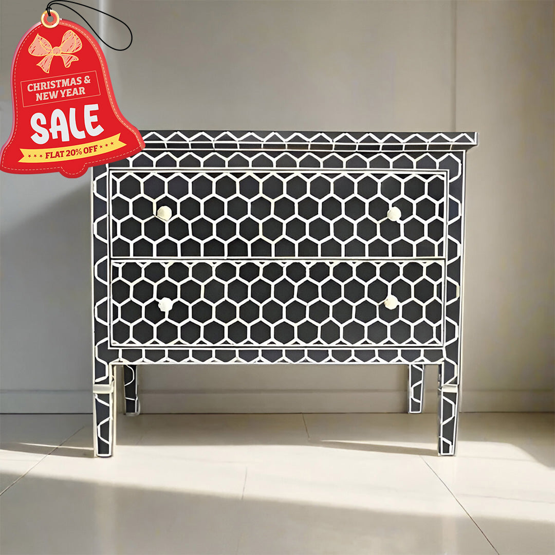 Bone Inlay Chest Of 2 Drawers ,Honeycomb Pattern In Black