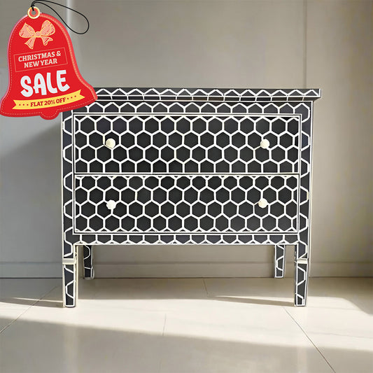 Bone Inlay Chest Of 2 Drawers ,Honeycomb Pattern In Black