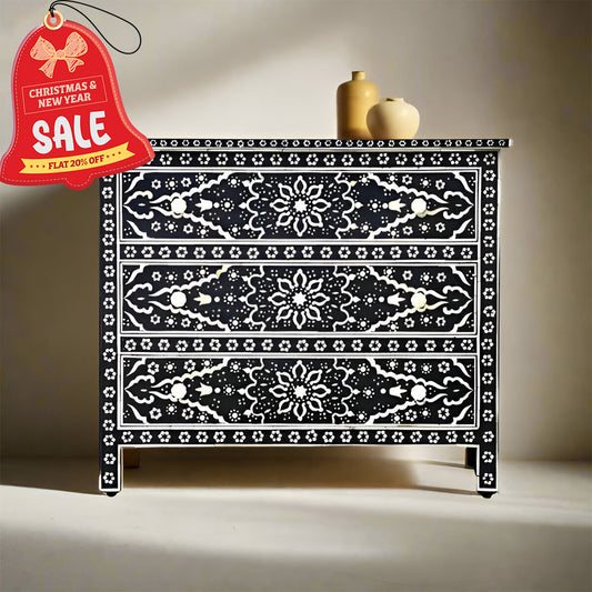 Bone Inlay Chest Of 3 Drawers , Floral Pattern In Black