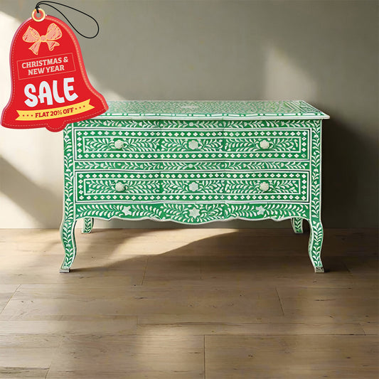 Bone Inlay Chest Of 2 Drawers, Floral Pattern In Green