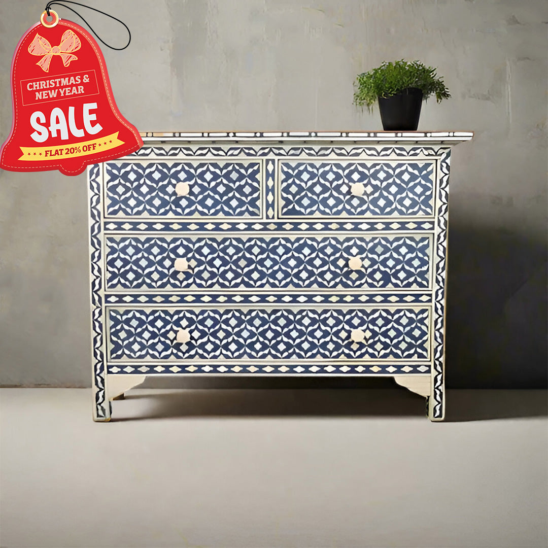 Bone Inlay Chest Of 4 Drawers , Eye Pattern In Indigo