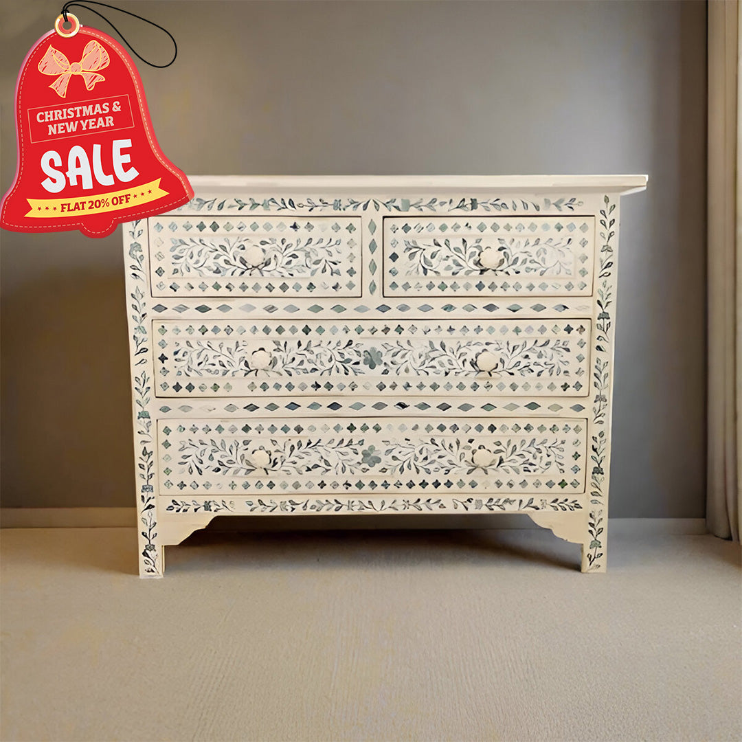 Bone Inlay Chest Of 4 Drawers , Floral Pattern In White