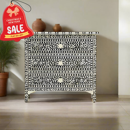 Bone Inlay Chest Of 3 Drawers , Floral Pattern In Black