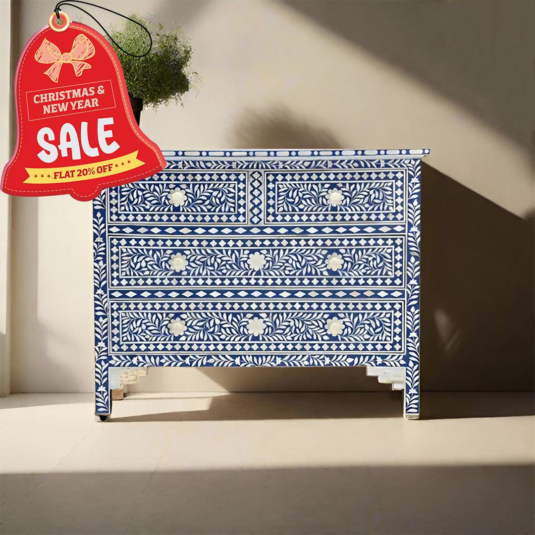 Bone Inlay Chest of 4 drawers, Floral Pattern In Blue