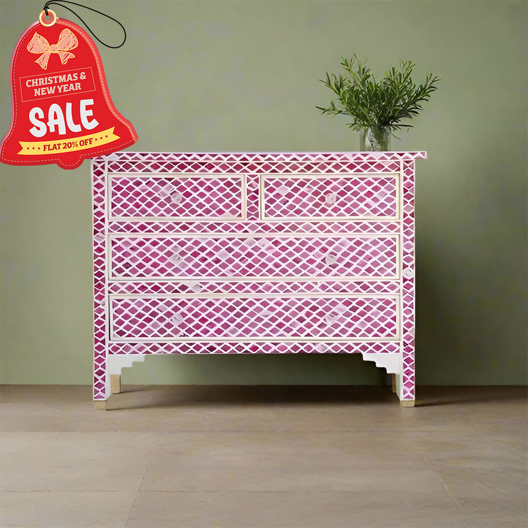 Bone Inlay Chest Of 4 Drawers , Eye Pattern In Pink