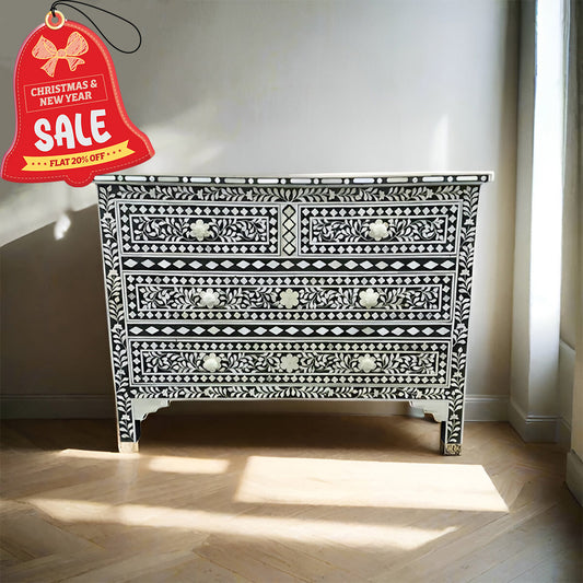 Bone Inlay Chest Of 4 Drawers , Floral Pattern In Black