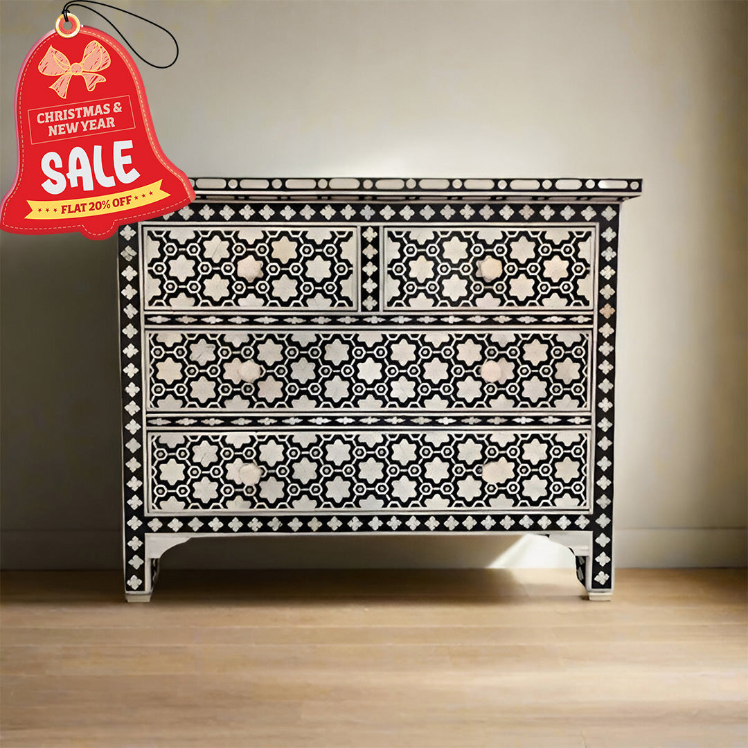 Bone Inlay Chest Of 4 Drawers , Black In Pattern