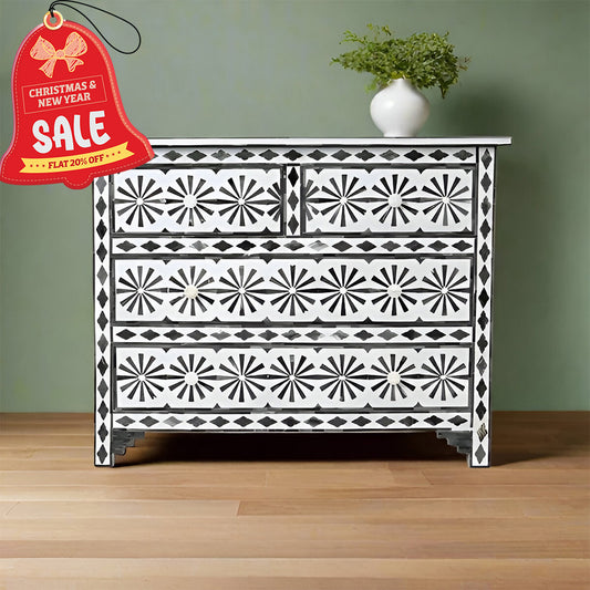 Bone Inlay Chest Of 4 Drawers , Star Eye Pattern In White