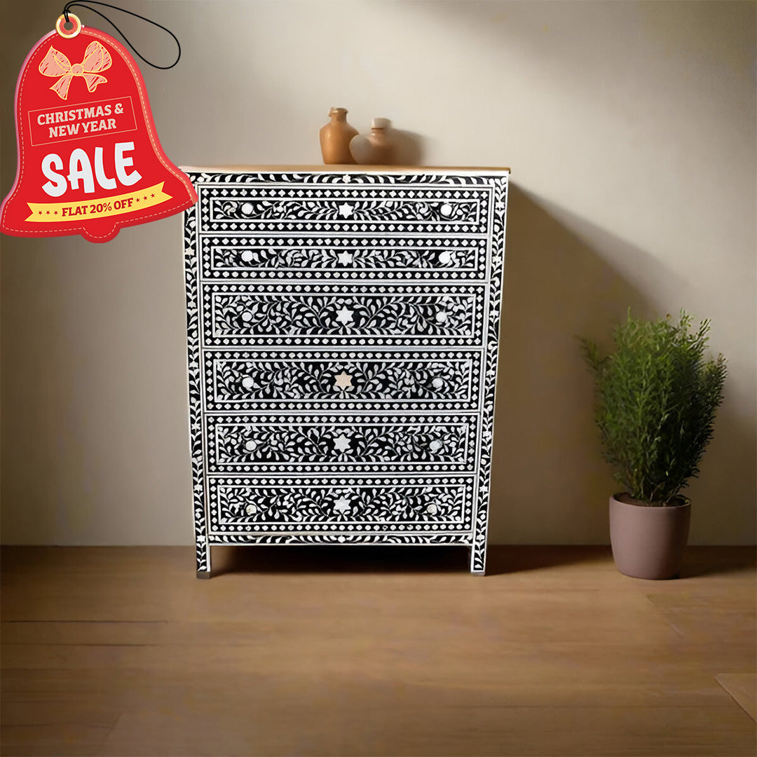 Bone Inlay Chest Of 6 Drawers, Floral Pattern In Black