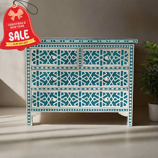 Bone Inlay Chest Of 4 Drawers , Geometric Pattern In Indigo