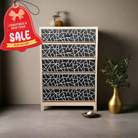 Bone Inlay Chest Of 5 Drawers, Geometric Pattern In Black