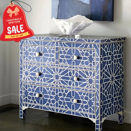 Bone Inlay Chest Of 4 Drawers , Moroccan Pattern In Indigo