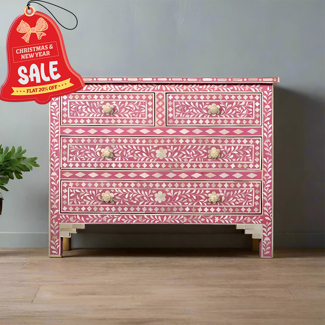 Bone Inlay Chest Of 4 Drawers , Floral Pattern In pink