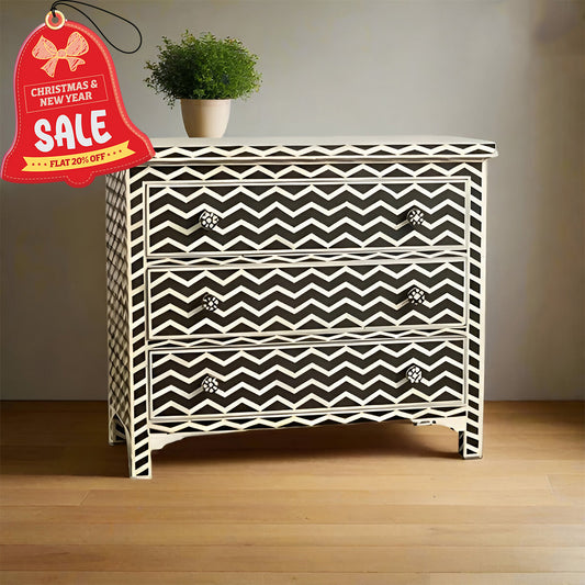 Bone Inlay Chest Of 3 Drawers, Chevron Pattern In White