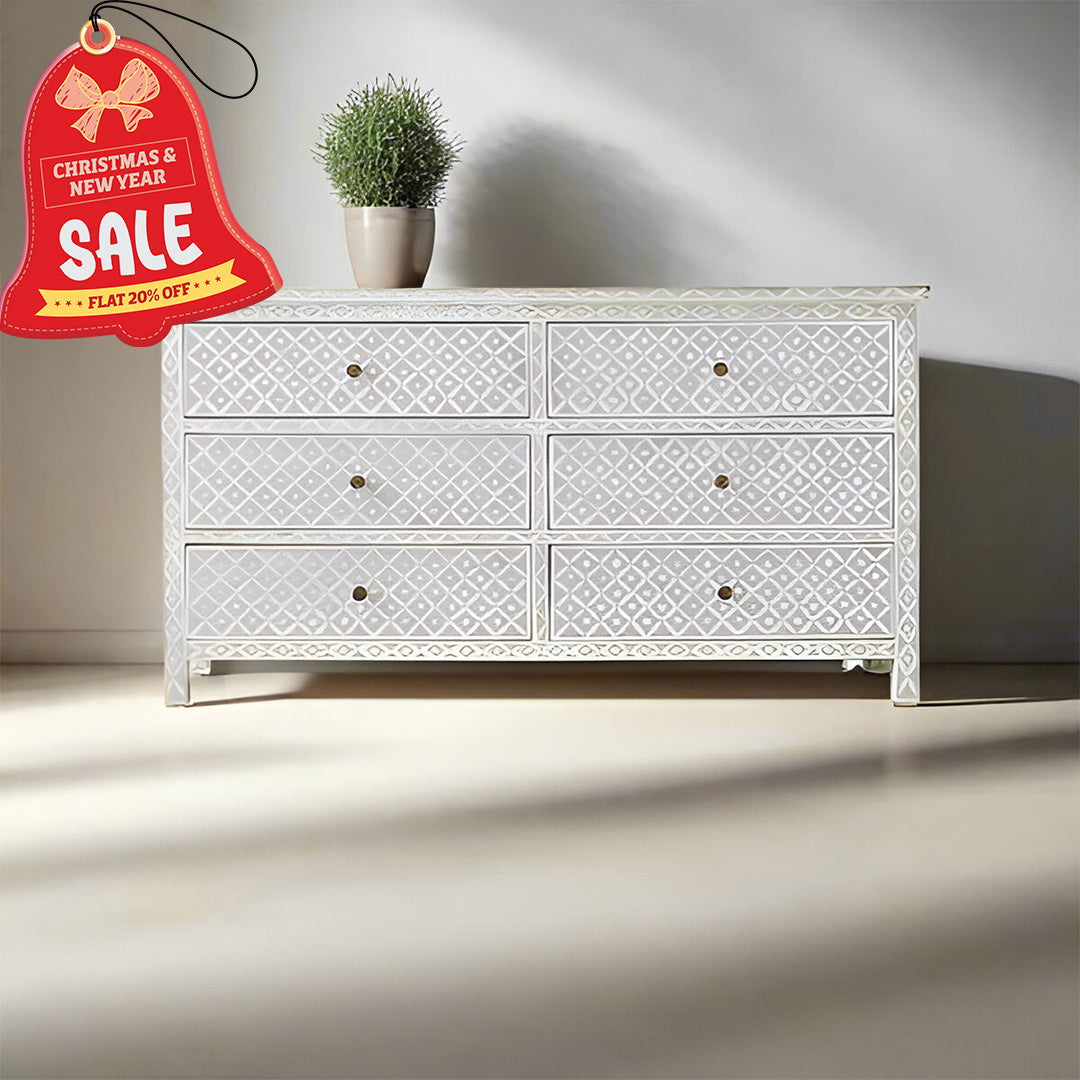 Bone Inlay Chest Of 6 Drawers, Eye Pattern In White