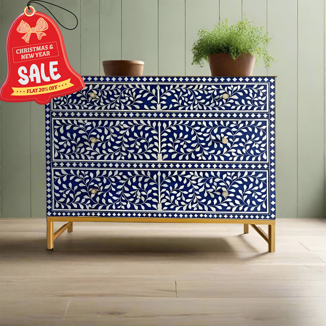 Bone Inlay Chest Of 3 Drawers , Floral Pattern in Indigo