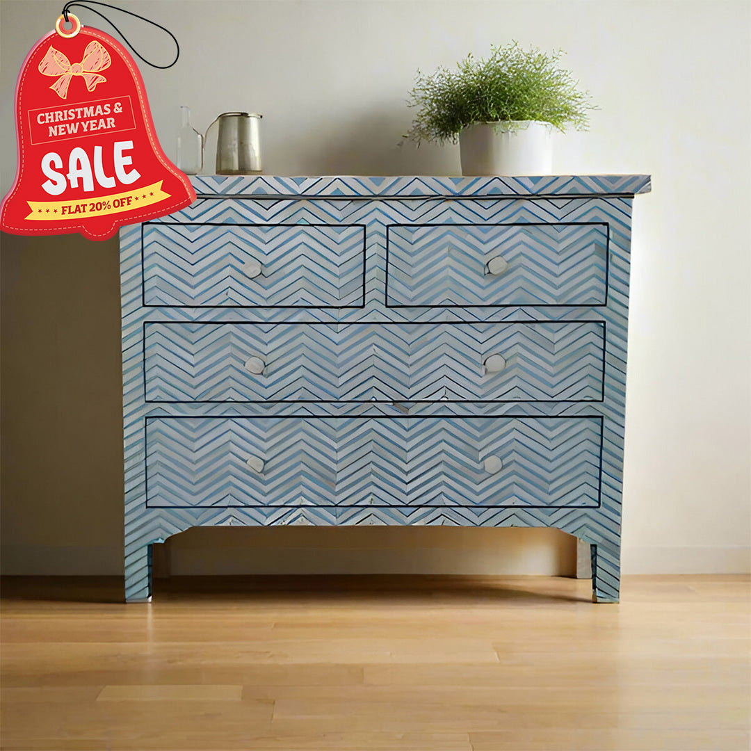 Bone Inlay Chest Of 4 Drawers , Chevron Pattern In Indigo