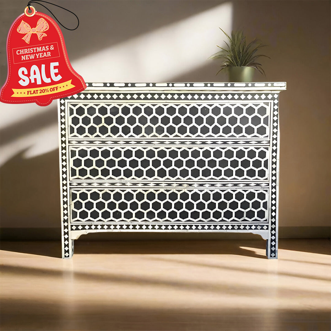 Bone Inlay Chest Of 3 Drawers, Honeycomb Pattern In Black