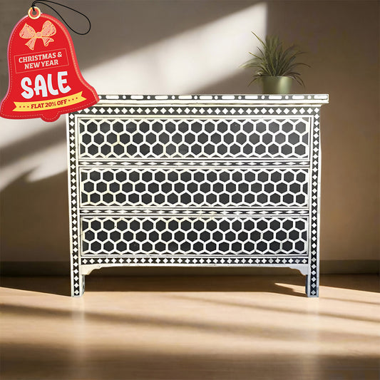 Bone Inlay Chest Of 3 Drawers, Honeycomb Pattern In Black