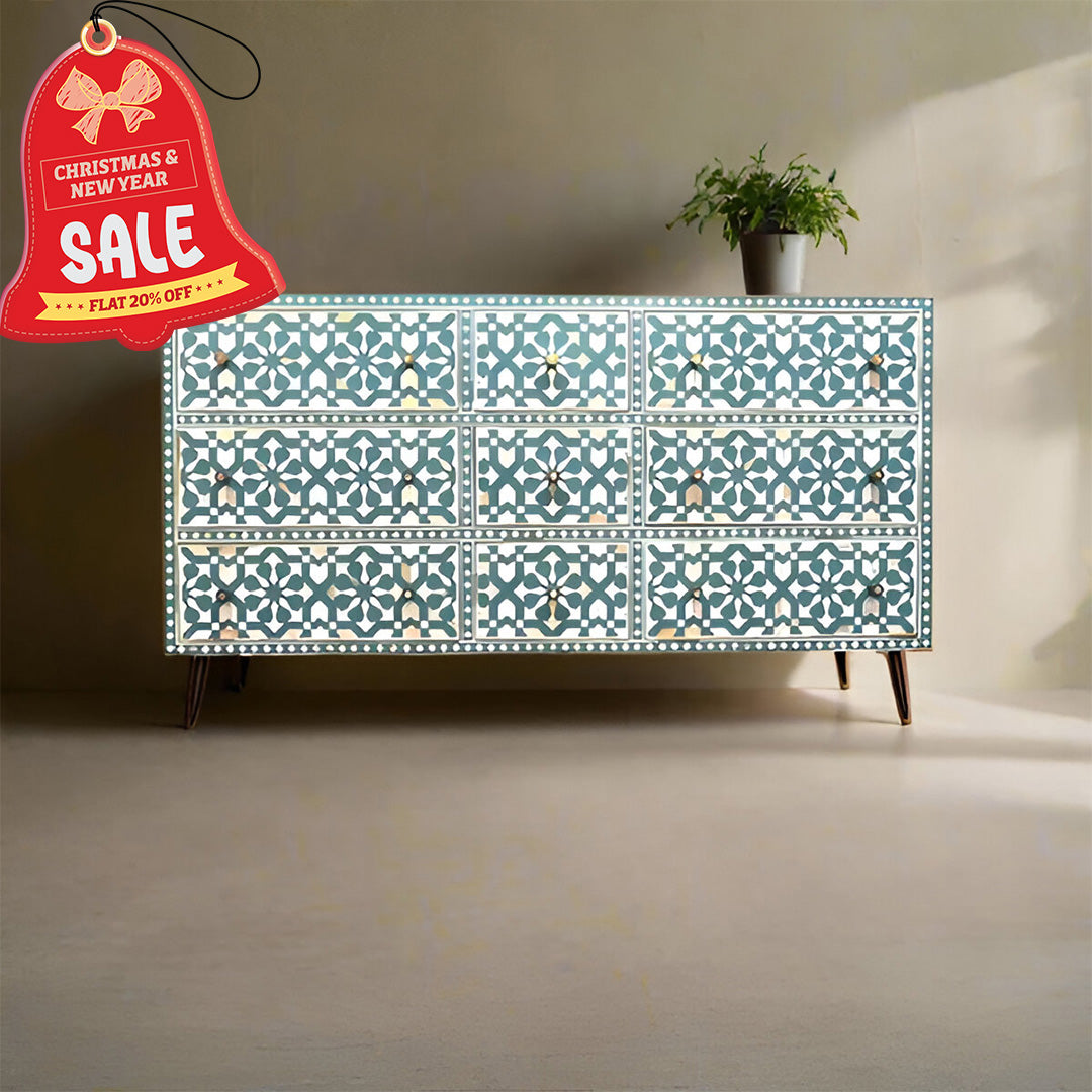 Bone Inlay Chest Of 9 Drawers, Moroccan Pattern In Blue