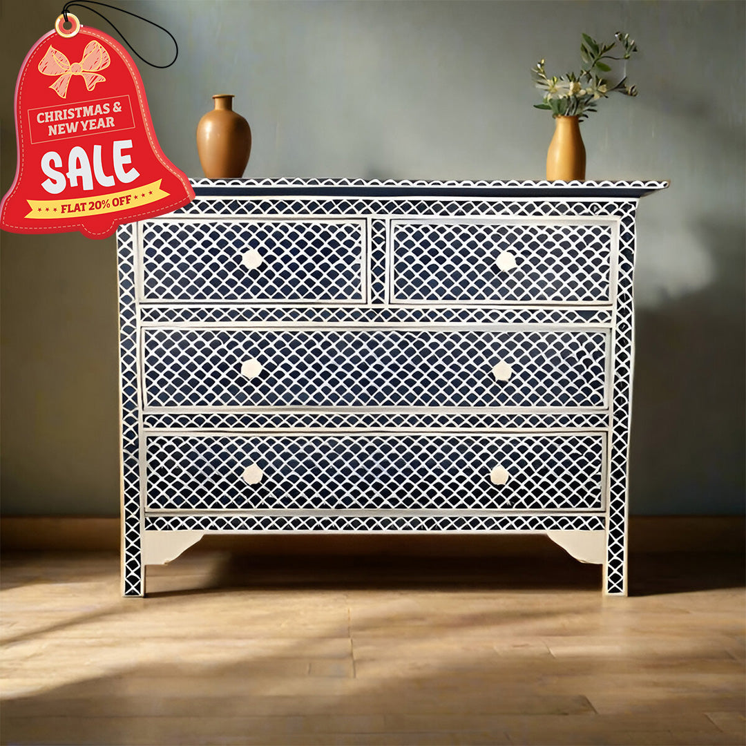 Bone Inlay Chest Of 4 Drawers , Fish Scale Pattern In Indigo