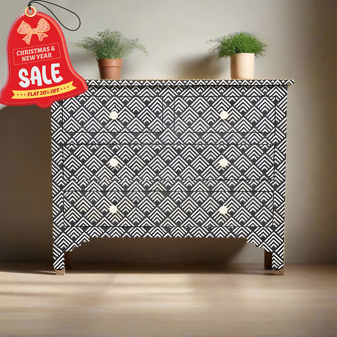 Bone Inlay Chest Of 4 Drawers , Optical Pattern In Black