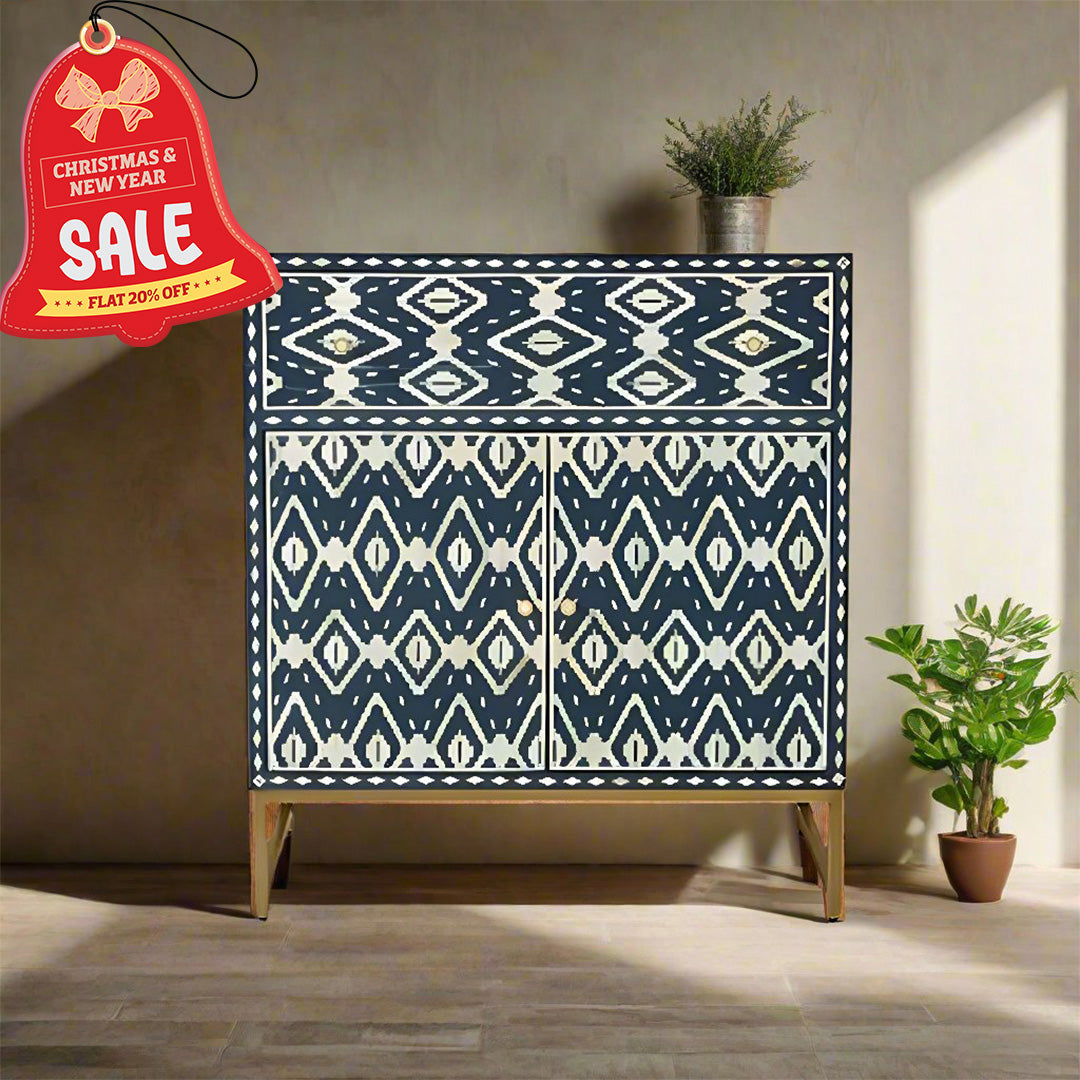 Bone Inlay Chest Of 1 Drawers 2 cabinate , Geometric Pattern In Indigo