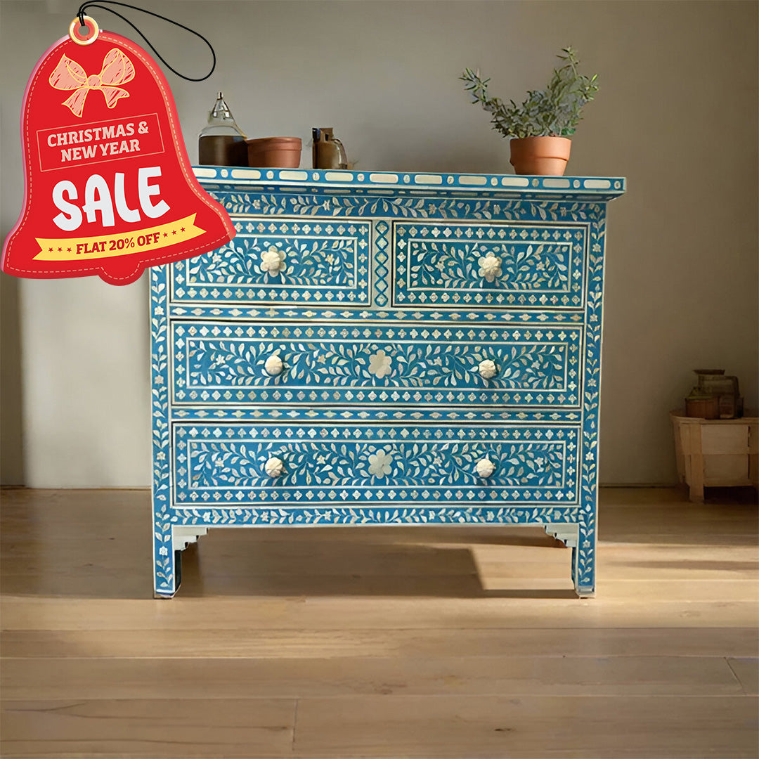 Bone Inlay Chest Of 4 Drawers , Floral Pattern In Indigo