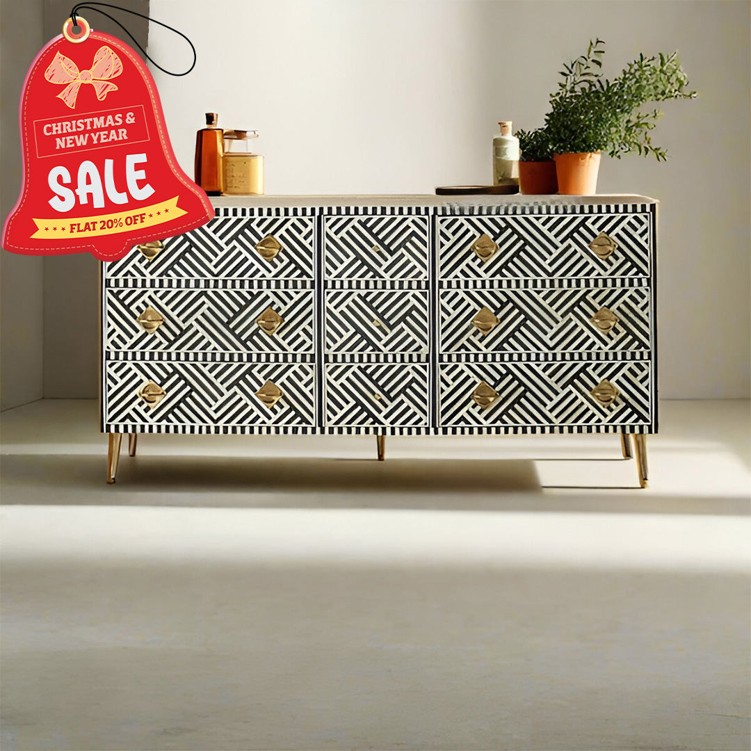 Bone Inlay Chest Of 9 Drawers Optical Pattern In Black