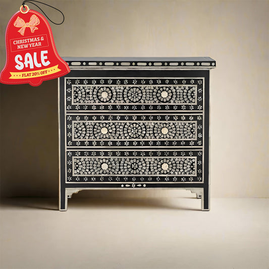 Bone Inlay Chest Of 3 Drawers, Geometric Pattern In Black