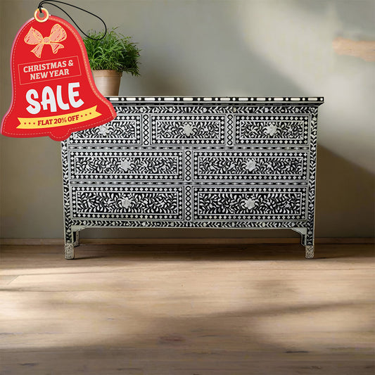 Bone Inlay Chest Of 7 Drawers, Floral Pattern In Black