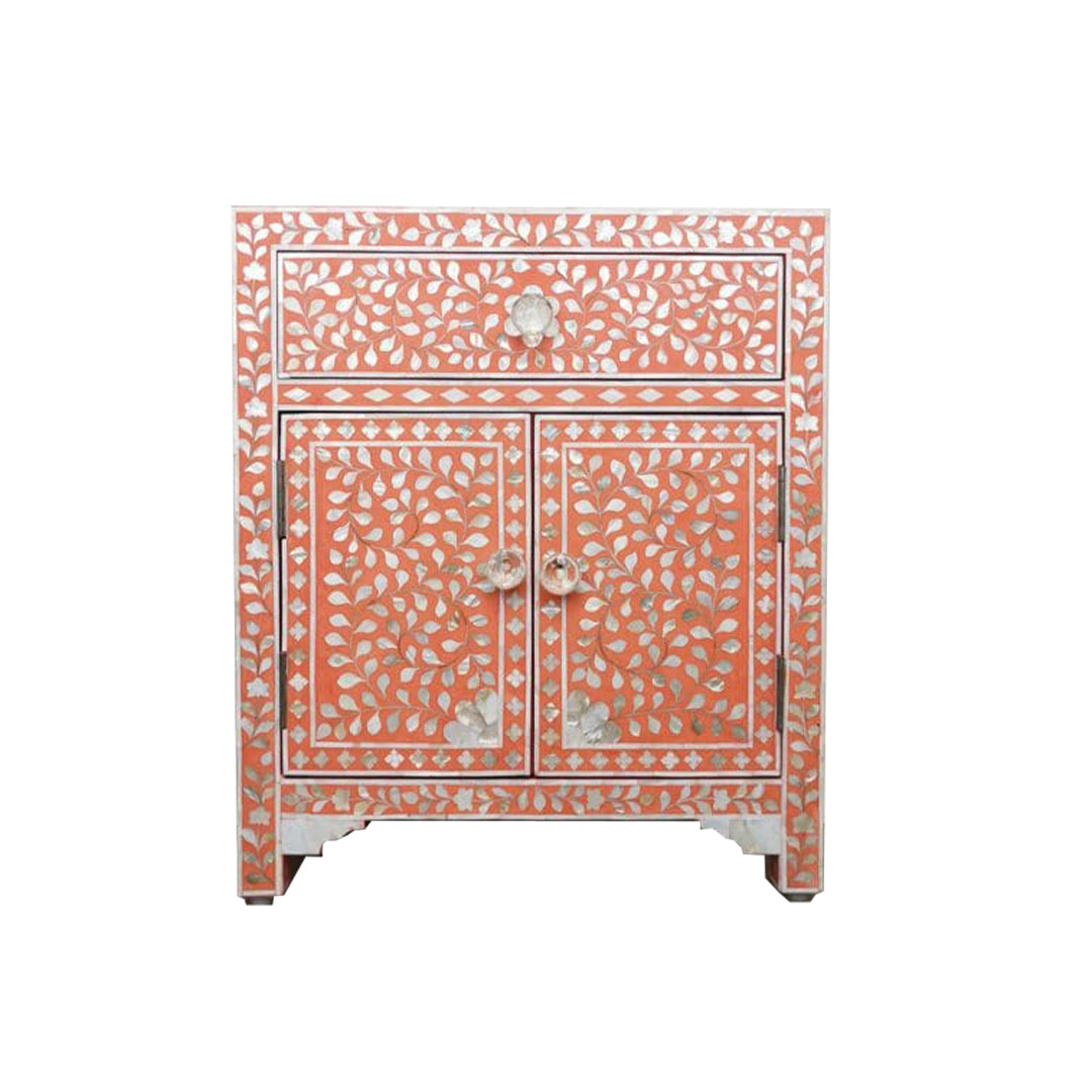 HANDMADE CUSTOMIZED MOTHER OF PEARL BEDSIDE TABLE - Floral/Orange