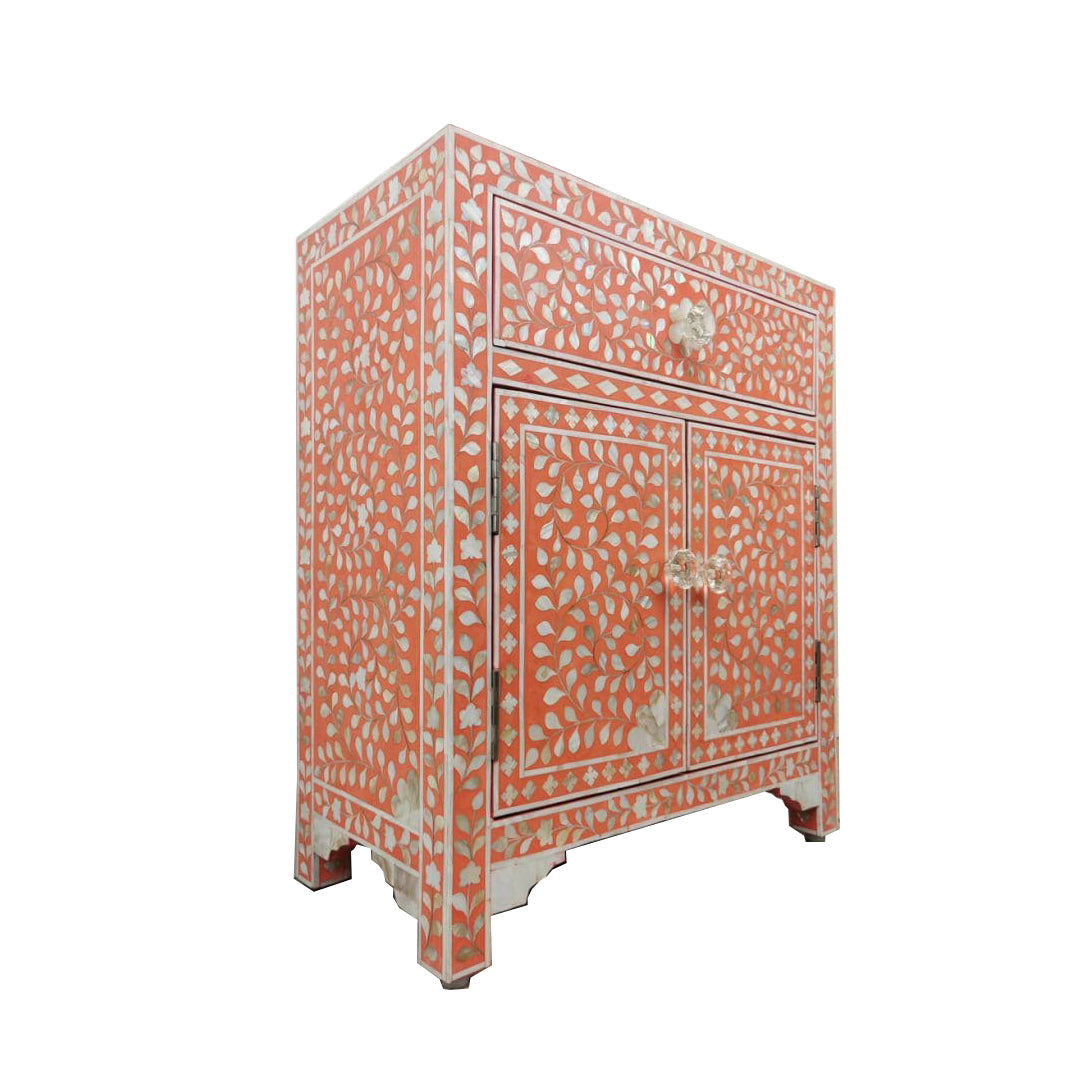 HANDMADE CUSTOMIZED MOTHER OF PEARL BEDSIDE TABLE - Floral/Orange