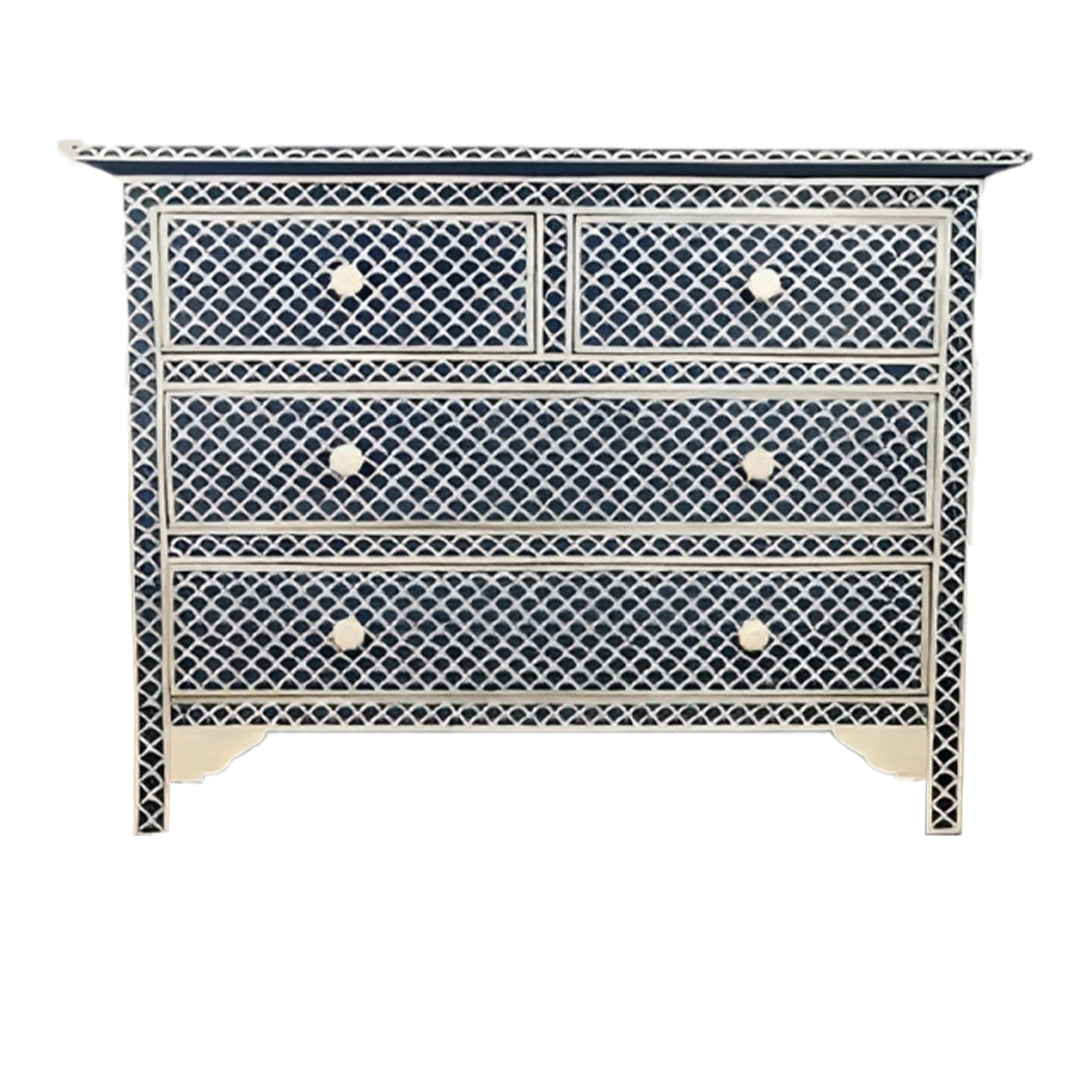 Bone Inlay Chest Of 4 Drawers , Fish Scale Pattern In Indigo