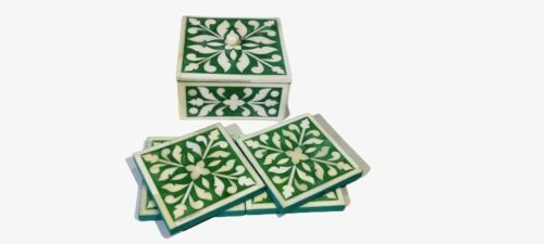 Beautifully Hand Crafted Bone Inlay Green Coaster Set Ready to Ship Perfect gift for loved ones