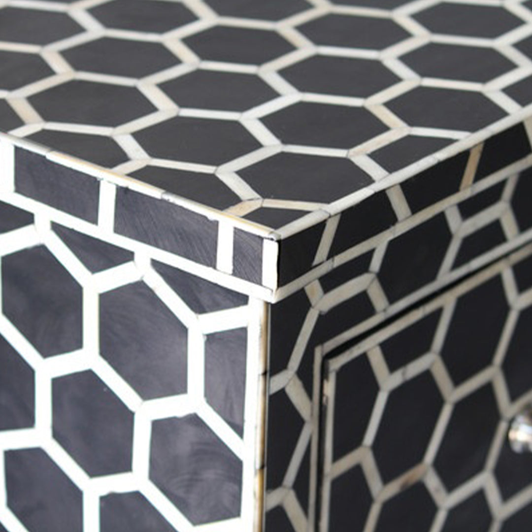 Bone Inlay Chest Of 2 Drawers ,Honeycomb Pattern In Black
