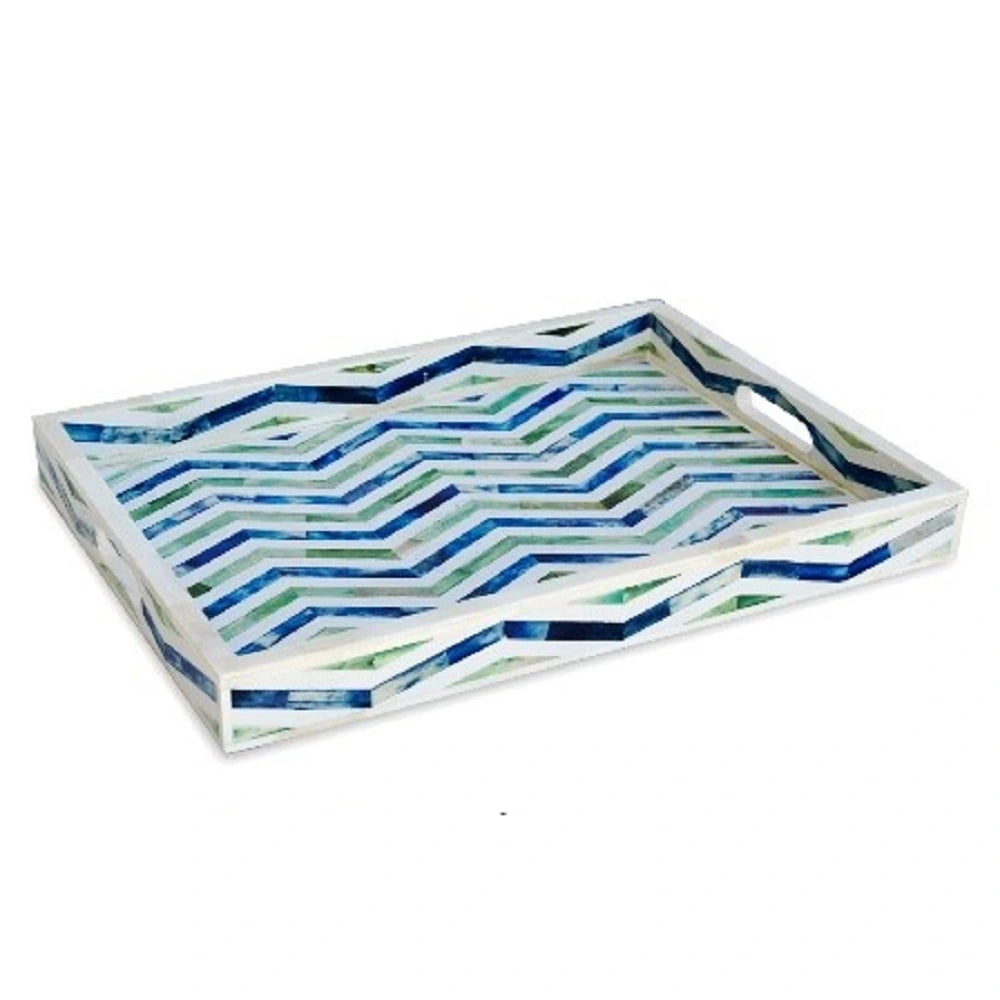 Bone Inlay Tray in Geometric Chevron Design - Blue and Green